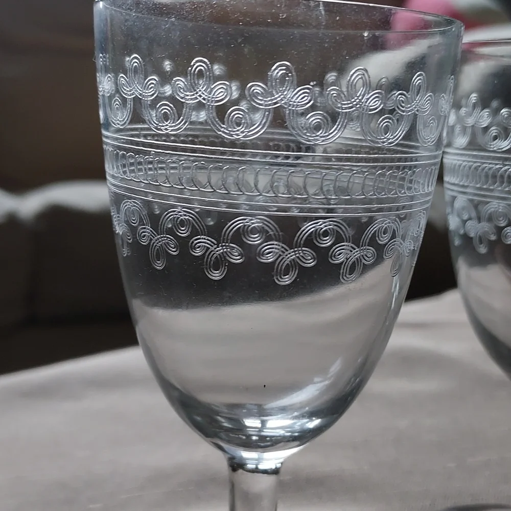 Crystal wine glasses etched scroll art deco art nouveau mcm retro - Picture 3 of 14